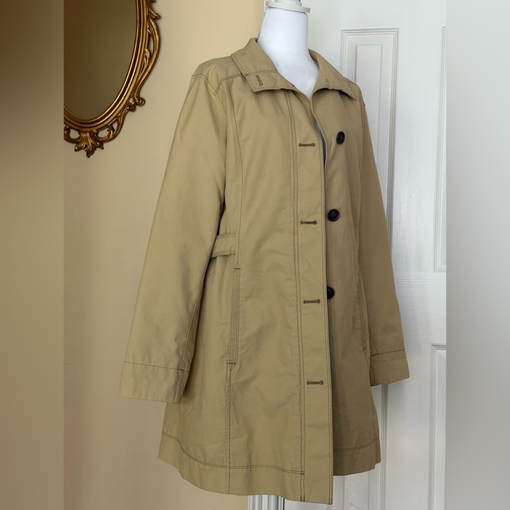 Eddie Bauer Trench Coat/Jacket Button Front Mid Length Classic Staple Neutral L - Picture 4 of 13